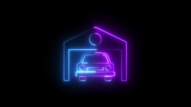 Neon car garage sign glowing animation, automotive service center concept, electric vehicle charging station