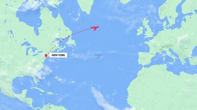 Animated flight path map showing an international travel route from New York to Bucharest on a green and blue world map.