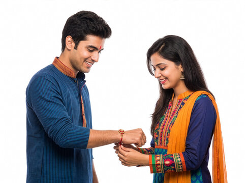 Smiling Indian sister tying decorative rakhi on brother's wrist celebrating Raksha Bandhan isolated on white background