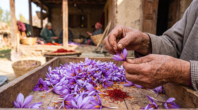 Elderly hands plucking precious saffron threads from purple crocus flowers