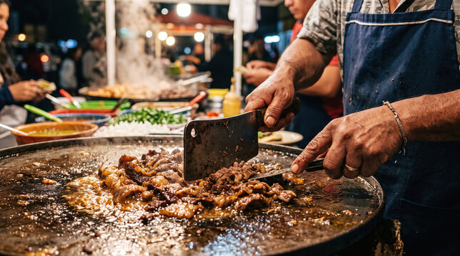 Mexican street vendor chopping suadero beef on a comal griddle at night