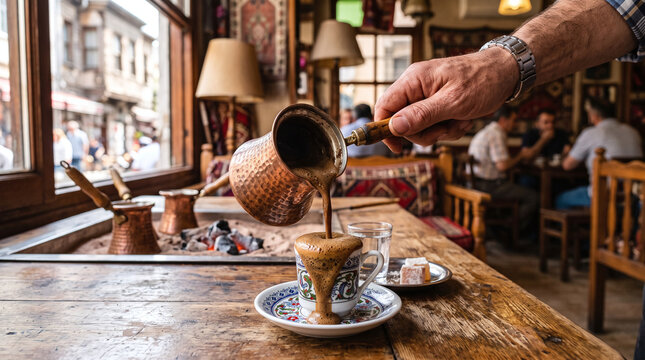 Pouring hot Turkish coffee from a traditional copper cezve into an ornate cup