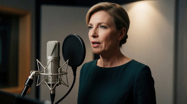 Middle aged blonde woman speaks into professional studio microphone. Female narrator records podcast audio book in soundproof room. Pro voiceover artist performs vocal session using high quality