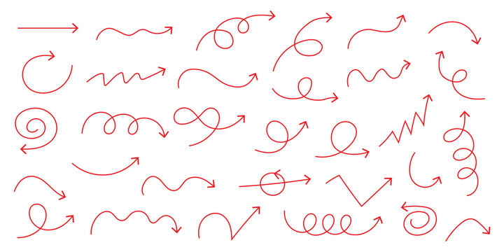 squiggly arrows doodle set. Curve and Spiral comic symbols in sketch style. Hand drawn vector illustration isolated on white background