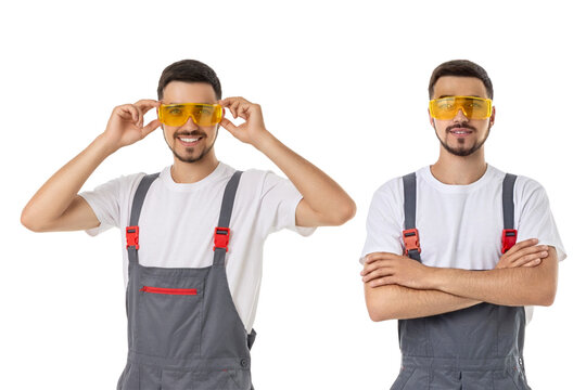 Young man in workwear smiles confidently, PNG