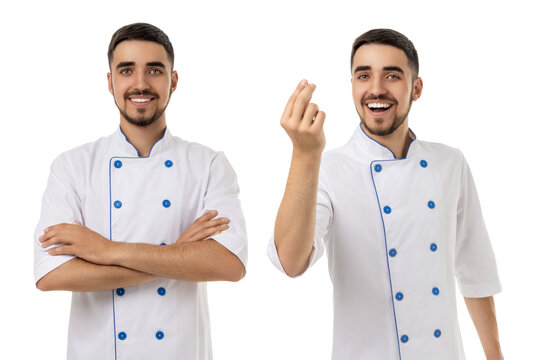 Young man in chef coat showing food gesture with smile, PNG