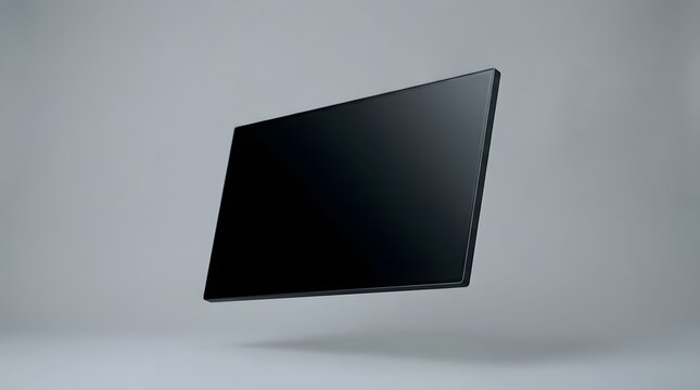 Floating black widescreen monitor with a thin bezel shown at a diagonal angle against a neutral gray studio background. Minimalist computer display mockup for tech and media presentation.