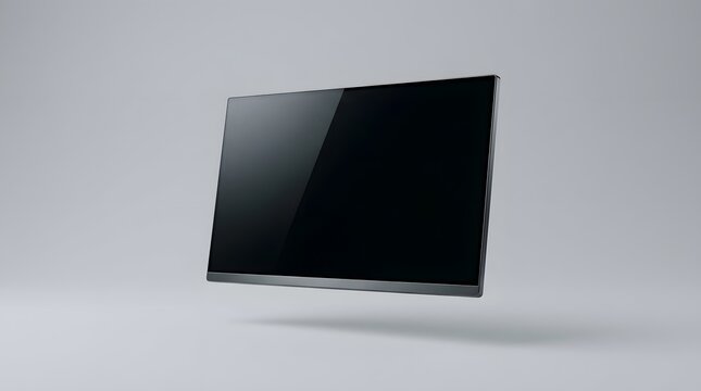 Floating slim bezel television monitor mockup with black glossy screen and subtle reflection on a clean grey studio background with a soft shadow for technology presentation or advertising.