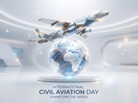 Airplane flying above a digital globe representing international civil aviation day