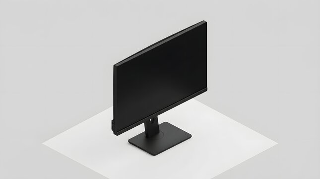 Matte black computer monitor mockup on a minimalist white platform, high-angle isometric view of a sleek widescreen desktop display for digital workspace and software design previews.