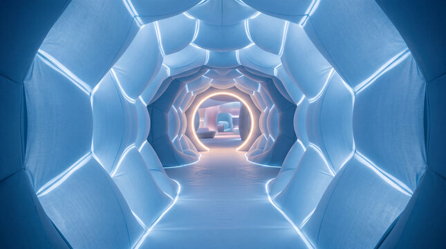 Futuristic tunnel with glowing circular opening and soft padded walls illuminated by blue light creating surreal atmosphere