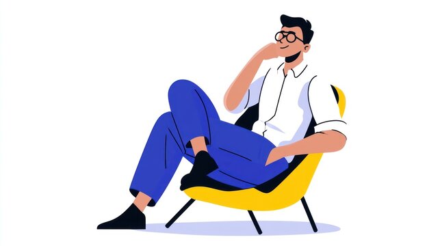 A man sitting in a yellow chair with a white shirt and blue pants, wearing glasses, with a beard and mustache, sitting with his legs crossed and his hands resting on his lap.