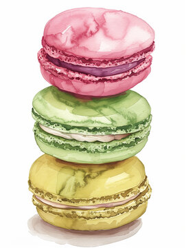 Pastel Perfection: Watercolor Stack of Colorful French Macarons with Pistachio, Strawberry, and Lemon Cream Layers Illustration