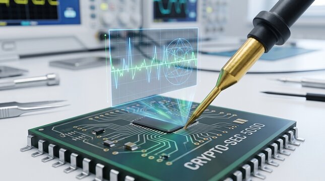 Electronic engineer probe testing hardware security microchip on motherboard inside laboratory for cryptographic data protection