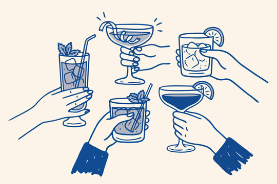 People toasting with cocktails in a fun celebration outline sketch vector, illustration, design