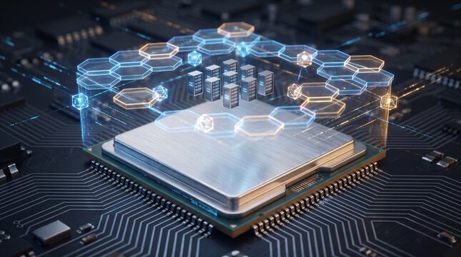 Futuristic CPU on motherboard with holographic projection of data center server network representing cloud computing technology