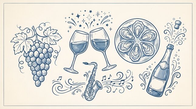 Elegant doodle set with champagne bottle clinking wine glasses fresh oysters ripe grapes and a jazz saxophone