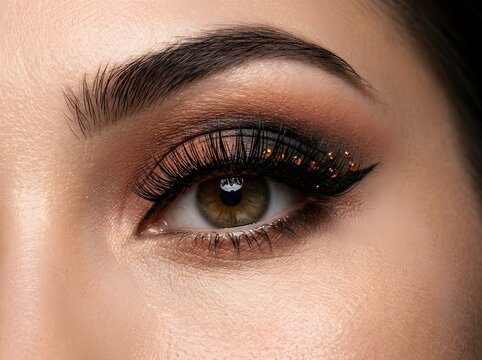 Close up of a human eye with bold purple eyeshadow and long black eyelashes for makeup