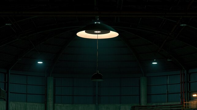 Large warm glowing pendant ceiling lamp hanging in dark empty industrial warehouse with arched concrete roof small ceiling lamps creating moody atmospheric industrial interior scene