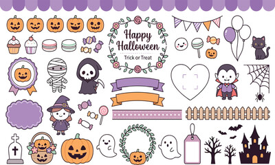 Obraz premium Cute Halloween Sticker Set with Pumpkins, Witch, Vampire, Ghost, Mummy, Cat and Floral Wreath Frame Illustration Collection