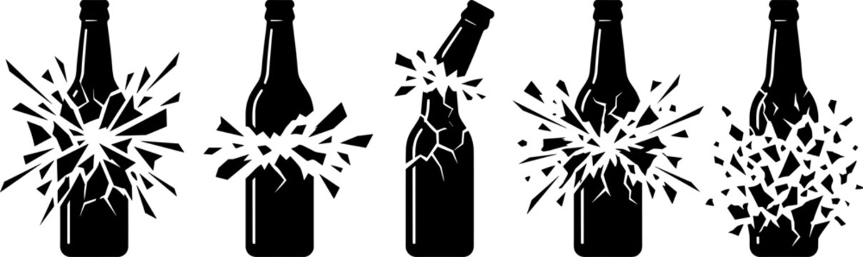 Collection of shattered glass beer bottle silhouettes with dynamic explosion effects