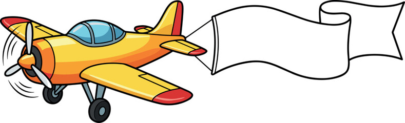 Cute yellow cartoon airplane flying and pulling a blank white advertising banner ribbon isolated on white background © Snowar