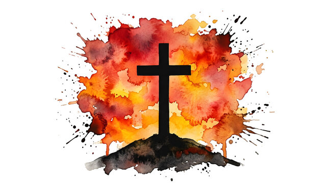 Black wooden cross standing on a hill against a watercolor sunset background with christian