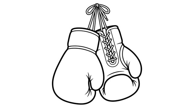 Pair of black and white boxing gloves hanging by laces, simple line art illustration