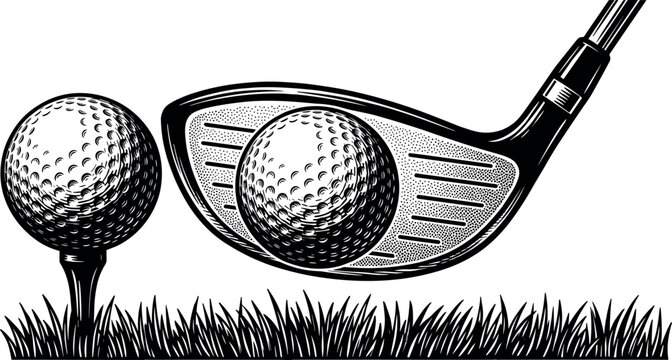 Vintage golf engraving vector illustration showing driver club hitting ball on tee over grass isolated on white background