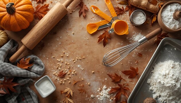 Overhead view of autumn baking ingredients and tools on a rustic wooden surface, surrounded by fall leaves and pumpkins, ready for seasonal treats.