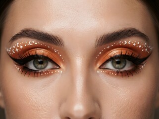 Naklejka premium Close up of woman eyes with bright gold glitter makeup and dark eyeliner style