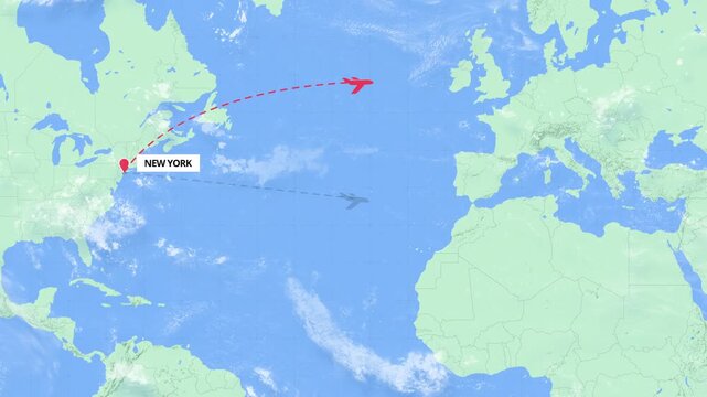 Animated flight path map showing an international travel route from New York to Kuwait City on a green and blue world map.