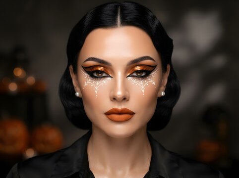 Portrait of a beautiful woman with dark hair and glamorous makeup looking at camera