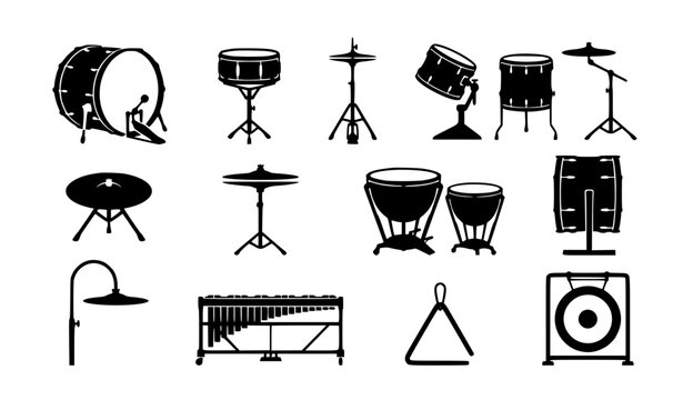 Drum Kit and Orchestral Percussion Instruments Black Silhouette Vector Collection