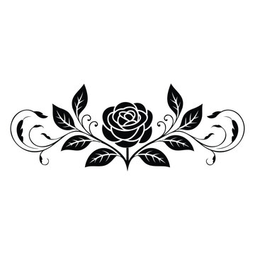 Elegant black and white vector floral divider featuring a central rose bordered by symmetrical scrolling leaves and vines. Classic ornamental text break or border design for wedding invitations 