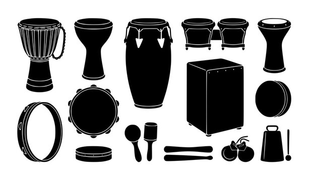 World Percussion Instruments Silhouette Set Featuring Djembe Conga Bongo and Traditional Drums