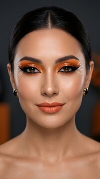Beautiful woman with artistic makeup and dark hair looking at the camera close up portrait