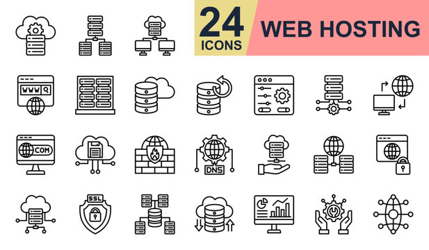 Web Hosting Icons set vector illustration. Containing Cloud Server, Data Center, Web Domain, Control Panel, Network Firewall and more. Simple line icons collection.