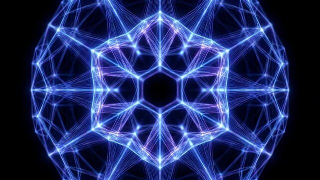 暗黒の空間で混沌とした量子データの光の線が堅牢なハニカム暗号化ネットワークへと構築される抽象的な背景動画