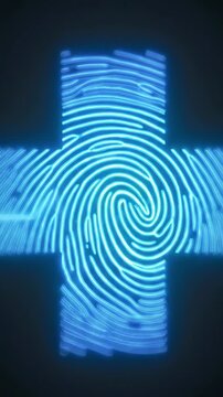 Blue Glowing Fingerprint Healthcare Insurance Biometric Identity Security Symbol with Neon Medical Digital Lines Supporting Protection Access Dark