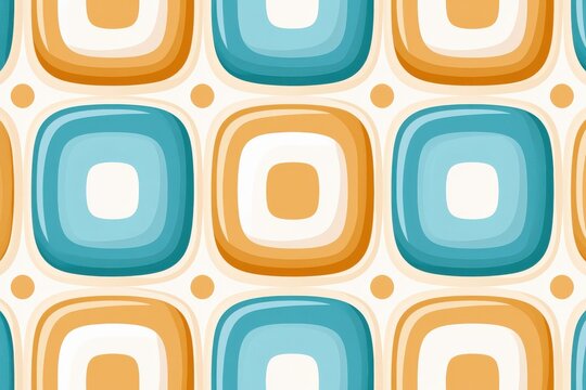 Seamless geometric pattern with nested soft squares and dots in retro teal and mustard tones