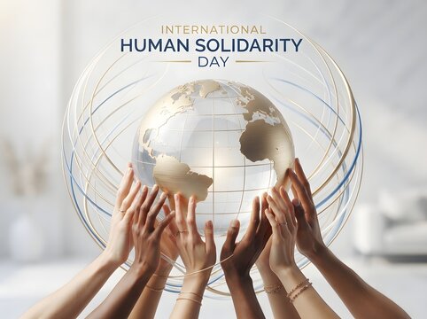 Many diverse people hands holding up a glass globe for international human solidarity day