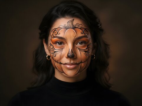 Young woman with artistic day of the dead face paint looking at the camera on dark background