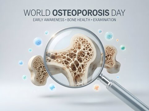 World osteoporosis day concept with human bone structure under a magnifying glass lens