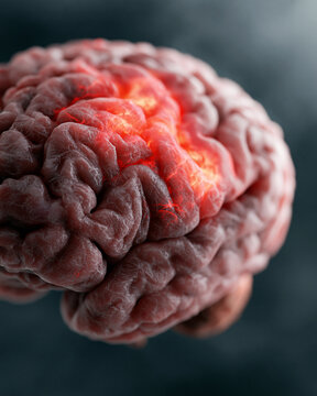 Human brain glows red, indicating neural activity or injury. Texture reveals deep folds and natural contours. Color contrast highlights areas of focus or distress. Image evokes medical, neurological