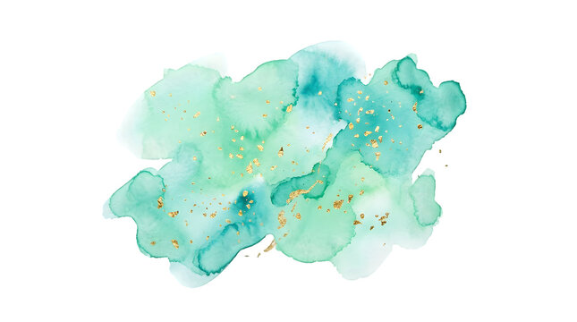 Abstract green watercolor texture background with golden splashes and ink drops