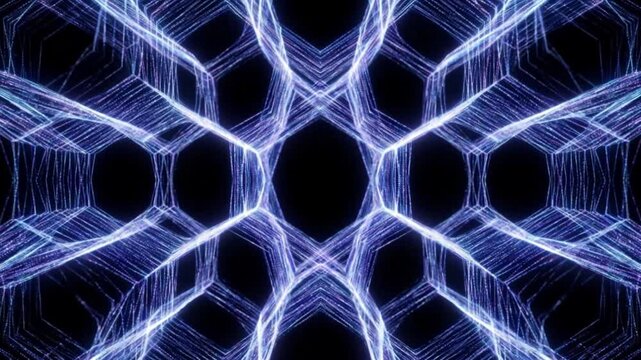 暗黒の空間で混沌とした量子データの光の線が堅牢なハニカム暗号化ネットワークへと構築される抽象的な背景動画