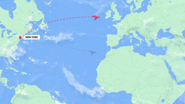 Animated flight path map showing an international travel route from New York to Mumbai on a green and blue world map.