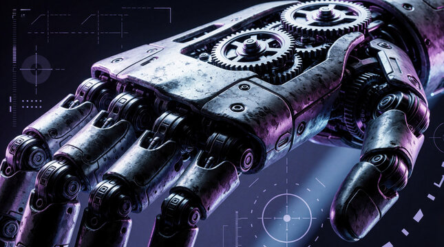 Metallic robotic hand with visible gears and joints. Mechanical fingers are slightly bent, showing advanced engineering. Futuristic design with purple lighting in dark background.