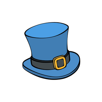 Blue classic top hat illustration with black ribbon band and golden buckle isolated on transparent background graphic